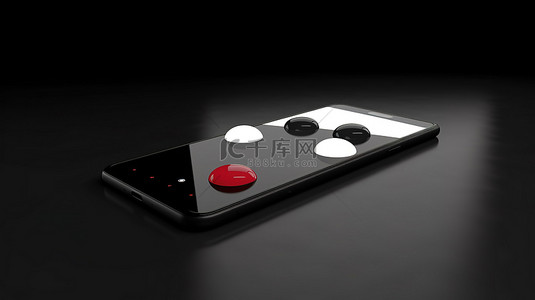 移动应用程序按钮 3d 呈现在地板上，旁边是黑色背景的白屏智能手机