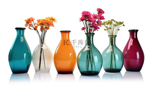 白色背景上充满活力的花瓶和玻璃器皿，各种陶瓷瓶 3d 渲染