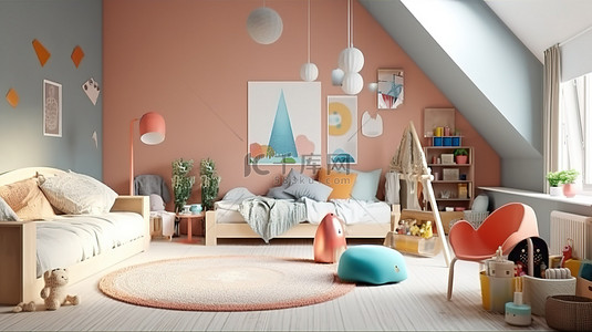 现代俏皮的儿童房，配有白色家具和彩色玩具 3D 渲染