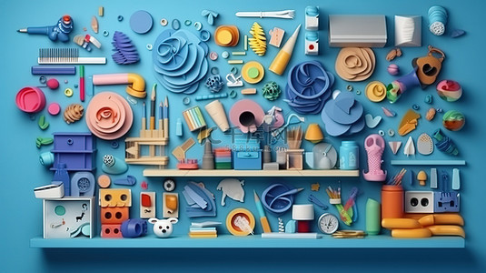蓝色工作区概念的顶视图与 3D 插画玩具，用于创意商业和学习