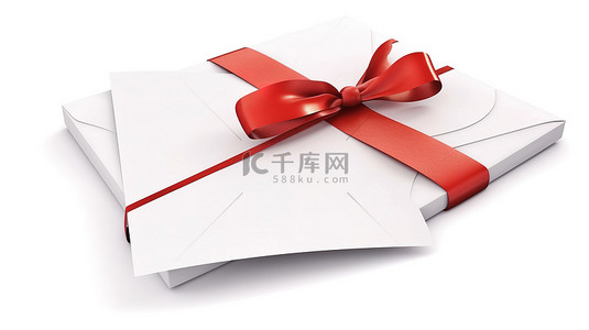 白色背景下空白信封上贺词和礼品丝带的独立 3D 渲染