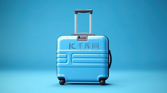 纯蓝色背景上蓝色塑料手提箱的 3D 渲染，具有充足的复制空间