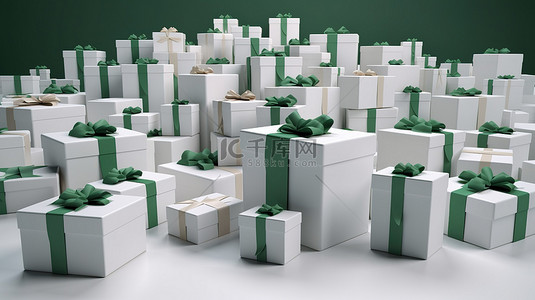 各种白色和绿色礼品盒，在 3D 渲染中描绘了不同尺寸的丝带