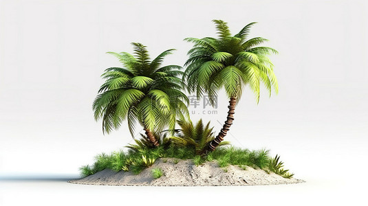 沙漠变绿洲背景图片_热带逃生 3D 渲染郁郁葱葱的绿色棕榈树和草地，非常适合海滩度假和夏季旅行