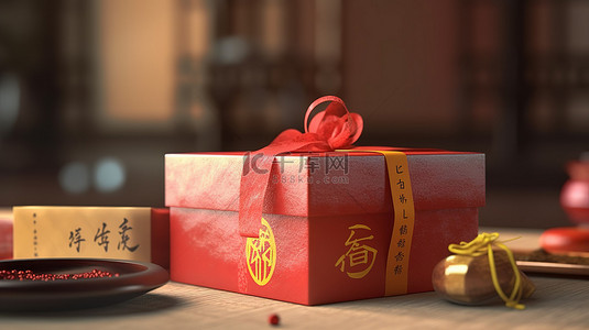 礼品盒上的中国书法祝您好运和幸福 3d