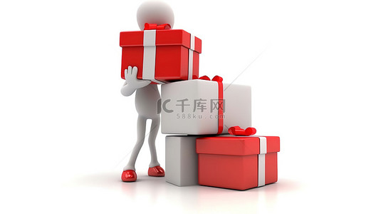 白色背景上拿着礼品盒的孤立快递员的 3D 插图