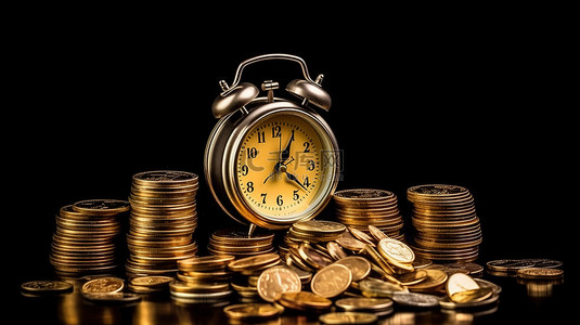 时间就是金钱 3D 渲染经典闹钟和美元硬币在黑色背景
