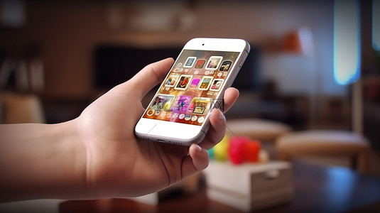 手机与背景图片_现代生活方式概念可爱的手持智能手机与 instagram 图标在未来派客厅 3d 渲染
