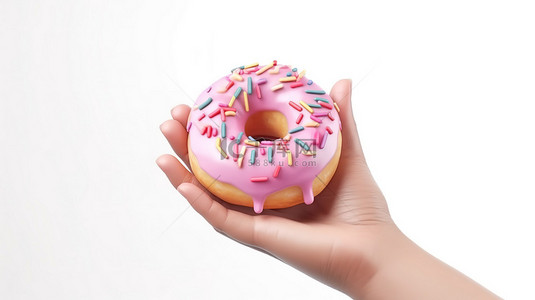 手拿着一个粉红色的甜甜圈，在白色的孤立背景上以 3D 形式描绘，并带有卡通风格的插图