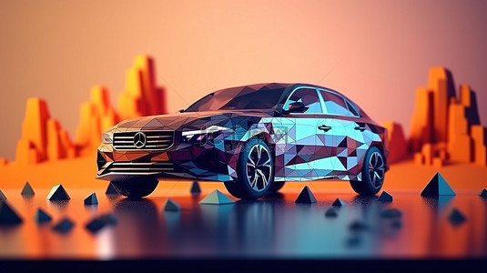 低聚汽车在路上巡航的高级 3D 渲染