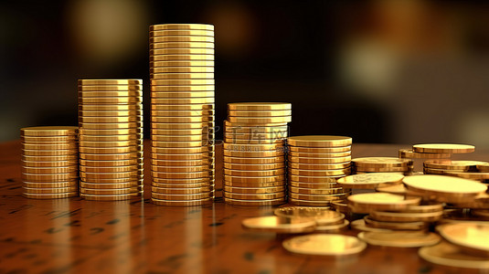 金币堆的 3D 渲染与业务和财务增长图