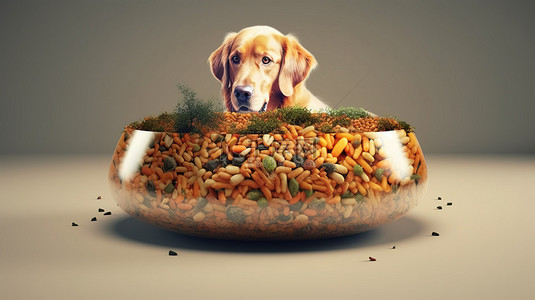 犬悬浮 悬挂在食物碗中的狗的 3D 渲染