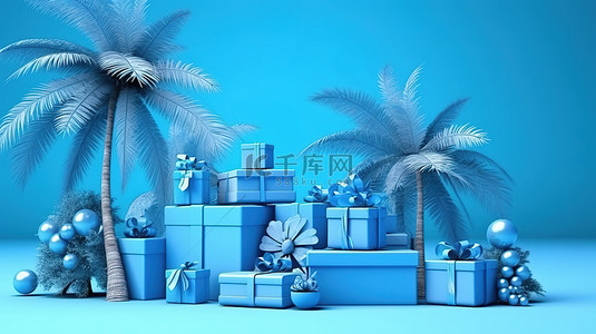 售卡背景图片_节日礼品盒和棕榈树装饰 3D 蓝色讲台，庆祝圣诞快乐和新年快乐