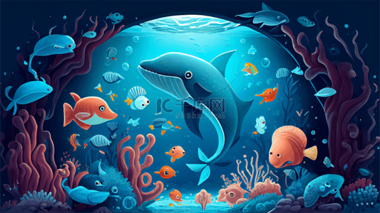 海洋世界吊饰背景图片_海洋世界海豚插画背景