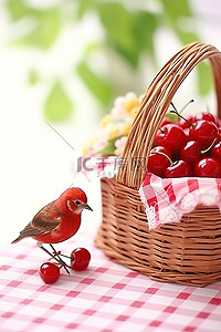 邮箱签名背景图片_白布上的樱桃篮与鸟