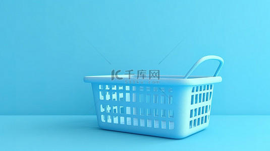 浅蓝色空置购物篮的简单 3D 图形，具有充足的复制空间