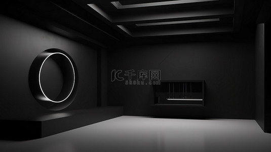 设计师展位在 3D 渲染的空工作室中展示，采用黑色抽象设计