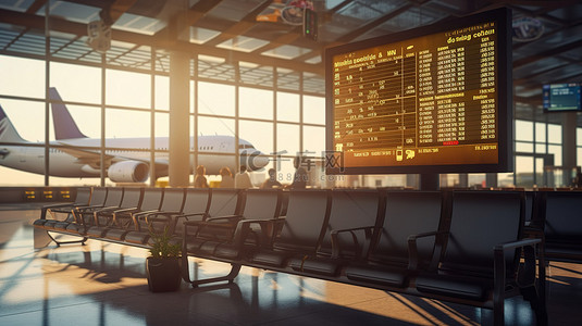 3D 渲染的机场信息屏幕，具有跑道视图和座位区