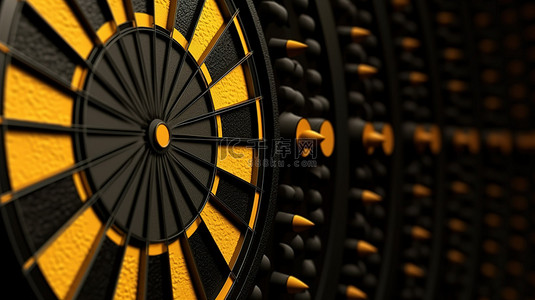 用于目标或目标概念背景的黑色和黄色飞镖的 3D 渲染
