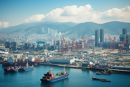 繁忙港口的景色，有船只和大型建筑