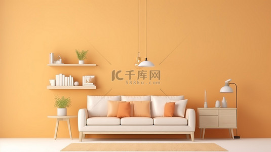 家居飾品背景图片_简约客厅的 3D 渲染，配有浅橙色墙壁和白色木地板