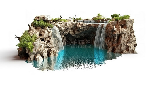宁静的湖泊岩石和瀑布的 3D 插图