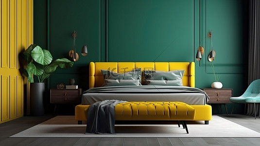 现代绿色主题卧室样机，配有别致的床和充满活力的黄色坐垫凳 3d 渲染
