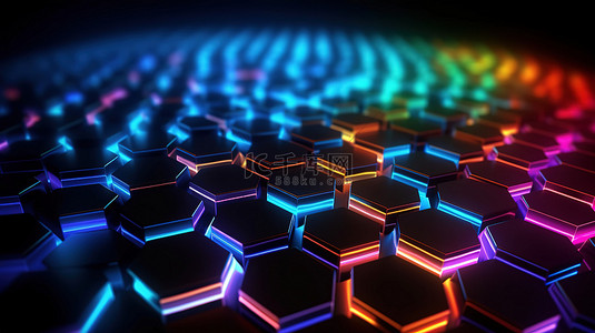 彩色灯光照亮的碳纤维六边形的充满活力的 3D 渲染