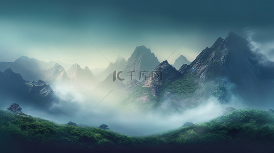 迷人的山景笼罩在神秘的雾气中 3D 岩石景观幻觉
