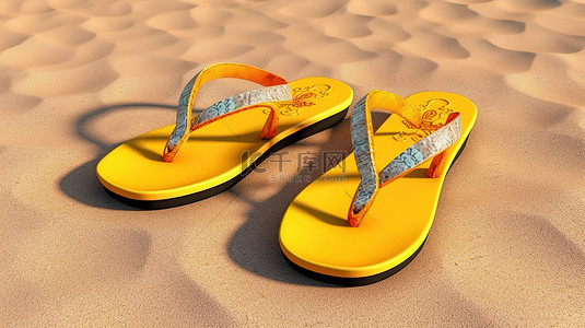 女人旅行背景图片_黄色沙滩与 3D 渲染的人字拖凉鞋