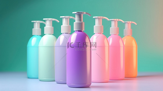消毒凝胶背景图片_带有洗手液瓶的彩色背景的 3d 渲染