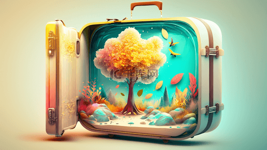 拿行李的女孩背景图片_旅游行李箱梦幻大树背景