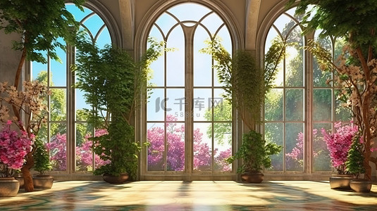 繁荣的室内绿洲 3D 插图，展示一座建筑，内有一个郁郁葱葱的花园，配有彩色玻璃窗和拱门
