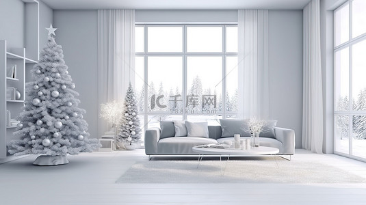 圣诞礼物背景背景图片_公寓客厅现代而活泼的室内空间，配有 3D 渲染的圣诞树