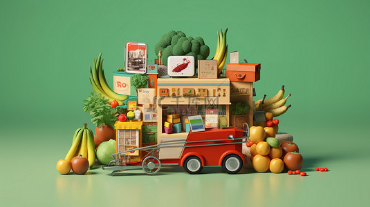 在线超市送货服务应用程序的 3D 渲染