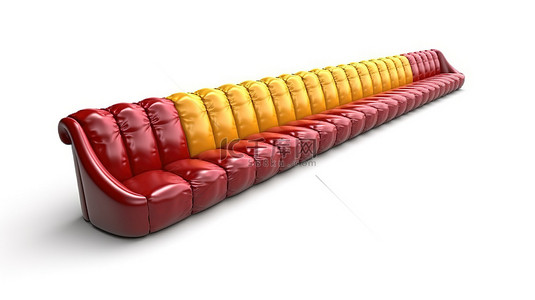 孤立的白色背景的三维渲染，展示了一个特别长的红色和黄色沙发