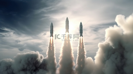 乌克兰战争 3 枚 3D 火箭在天空中的烟雾中飞行