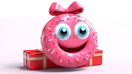 大丝带背景图片_白色背景的 3D 渲染，带有大粉色釉面甜甜圈字符吉祥物，拿着带红丝带的礼品盒