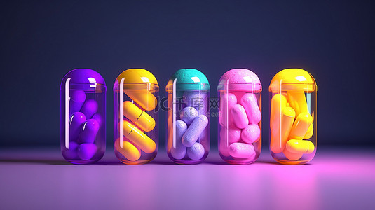 各种颜色的独特胶囊片剂和药丸的充满活力的 3D 渲染