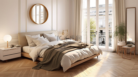 白色床背景图片_当代巴黎卧室设计白色床米色毯子镜面饰面和木地板3D渲染