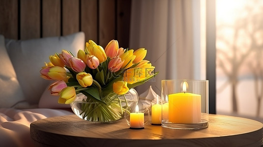木桌上的郁金香金色蜡烛和柠檬水的室内空间花束 3D 渲染