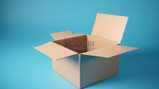 纸箱打包背景图片_蓝色背景突出了一个未覆盖的纸板箱的 3D 数字模型