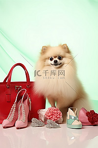 購物袋背景图片_博美犬坐在一袋鞋旁边
