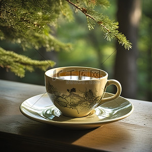 木桌上的一杯绿茶