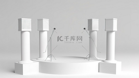 带讲台支架和麦克风的白色扬声器讲台的独立 3D 渲染