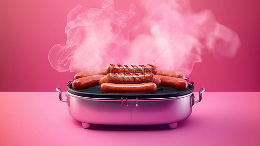 烤美味背景图片_充满活力的粉红色背景上的烟熏烤架，配有四根美味的香肠 3D 渲染