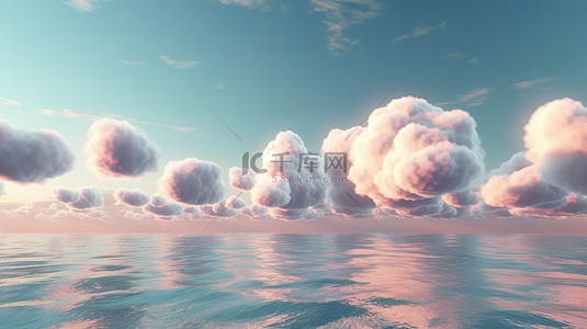 粉色海洋背景图片_令人惊叹的 3D 渲染中漂浮在海洋上方的柔和云彩