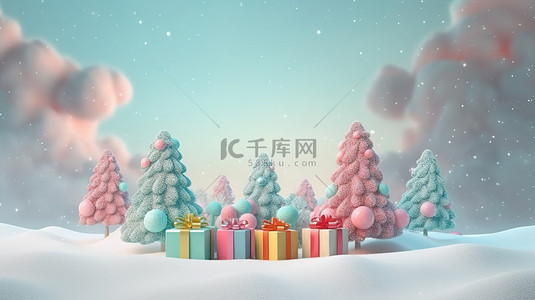 微信封面图关注背景图片_圣诞和新年的节日祝福雪景与高耸的圣诞树糖果填充礼盒和柔和的柔和色调