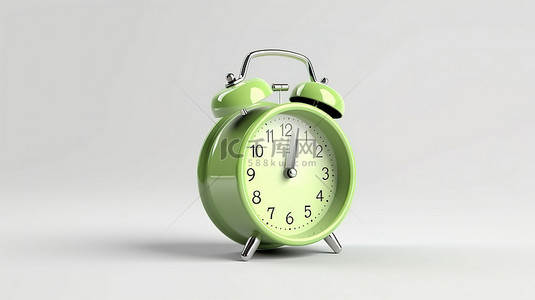 卡通时间背景图片_白色表面上的老式绿色闹钟 3D 插图