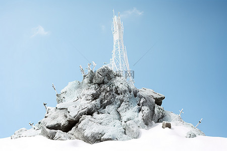 一座被雪覆盖的山顶上的无线电塔